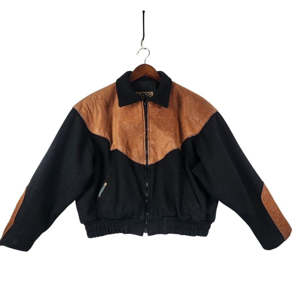 Rode Walker Vintage 1980’s Western Jacket Men’s SZ M Brown Leather/ Black Wool